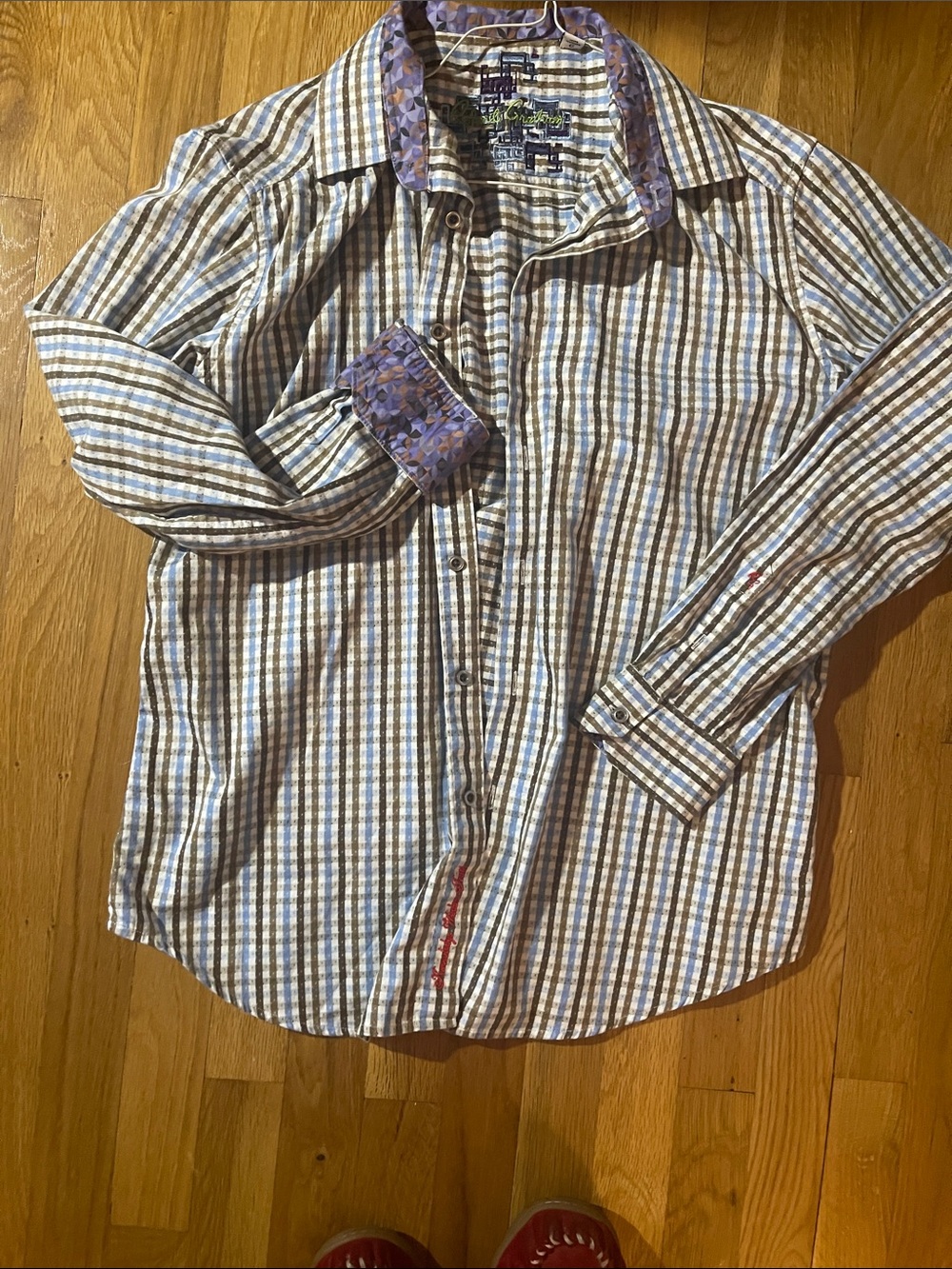 Robert Graham Multicolor Checked Button-Down Shirt with Purple Contrast Trim